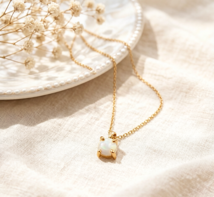 Dainty Gold Plated Square Opal Pendant Necklace 